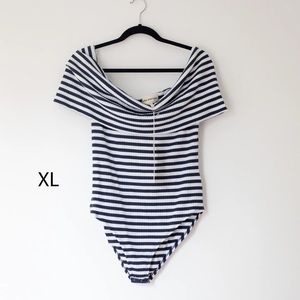 NWT Mara Hoffman navy white Lorraine Off-the-shoulder ribbed Bodysuit XL 14 16